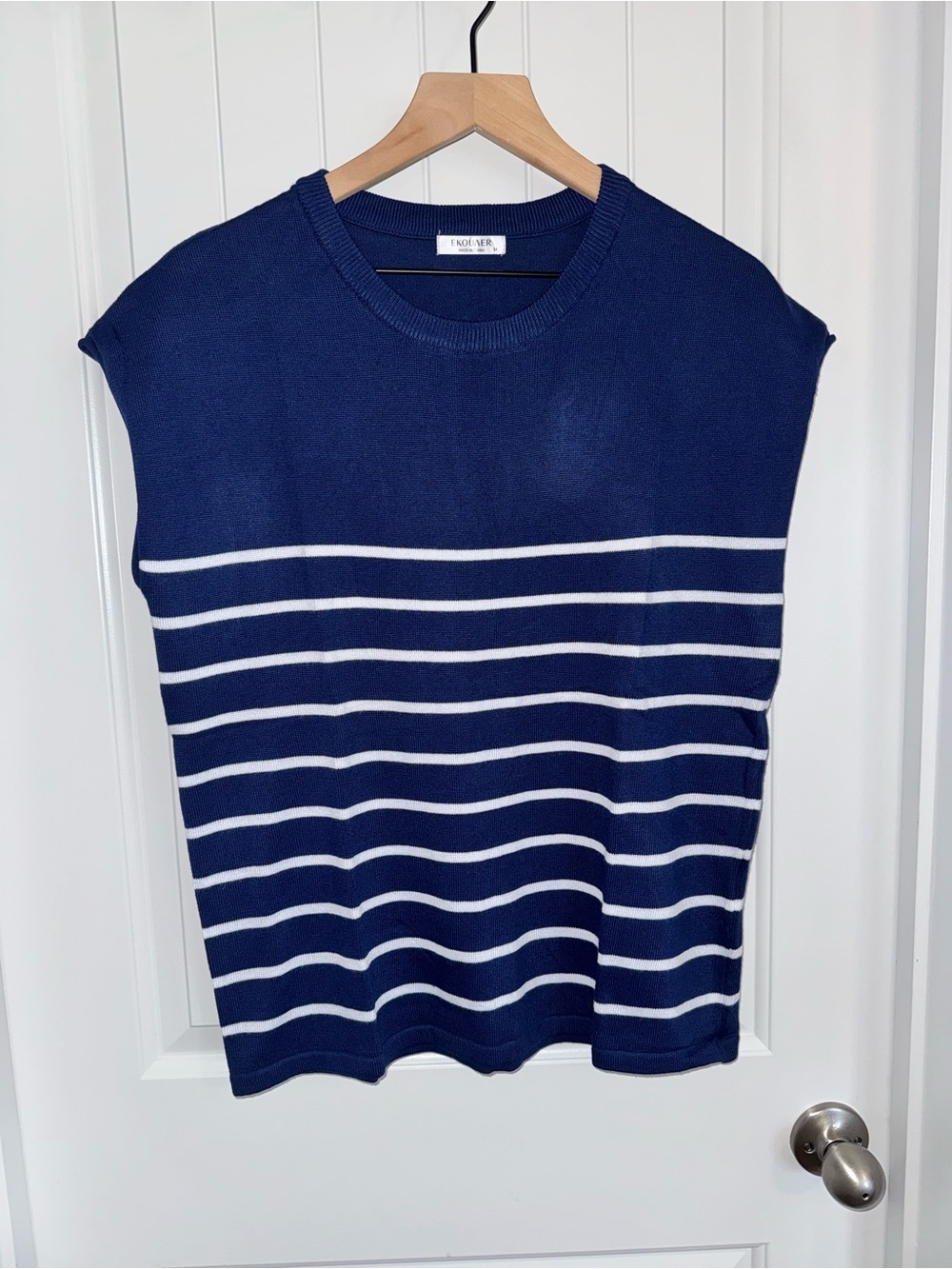 EKOUAER Navy White Striped Knit Cap Sleeve Sweater Top M - Picture 2 of 6